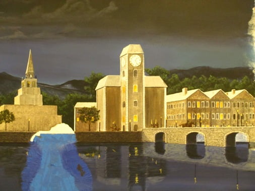 church, clock tower, bridge, night time mural pogression