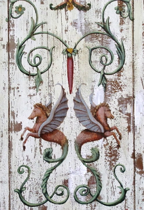 Grotesque ornamental painting on Distressed faux wood panel