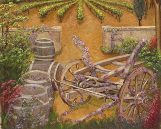 Bougainvillea, wine barrels, wine wagon, wine room mural